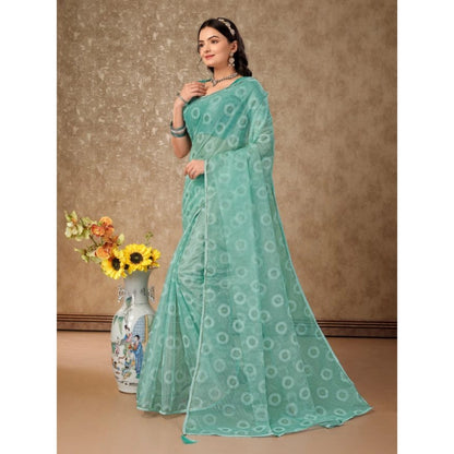 Women's Linen Gola Printed Saree With Unstitched Blouse (Turquies Green, 5-6 Mtrs)