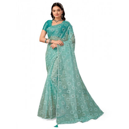 Women's Linen Gola Printed Saree With Unstitched Blouse (Turquies Green, 5-6 Mtrs)