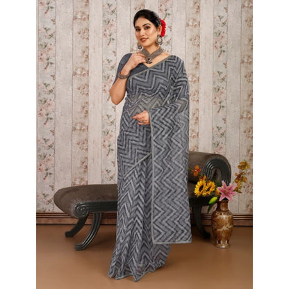 Women's Linen Zig Zag Saree With Unstitched Blouse (Grey, 5-6 Mtrs)