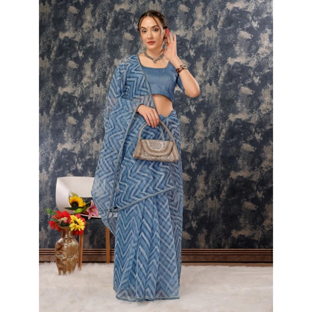 Women's Linen Zig Zag Saree With Unstitched Blouse (Blue, 5-6 Mtrs)