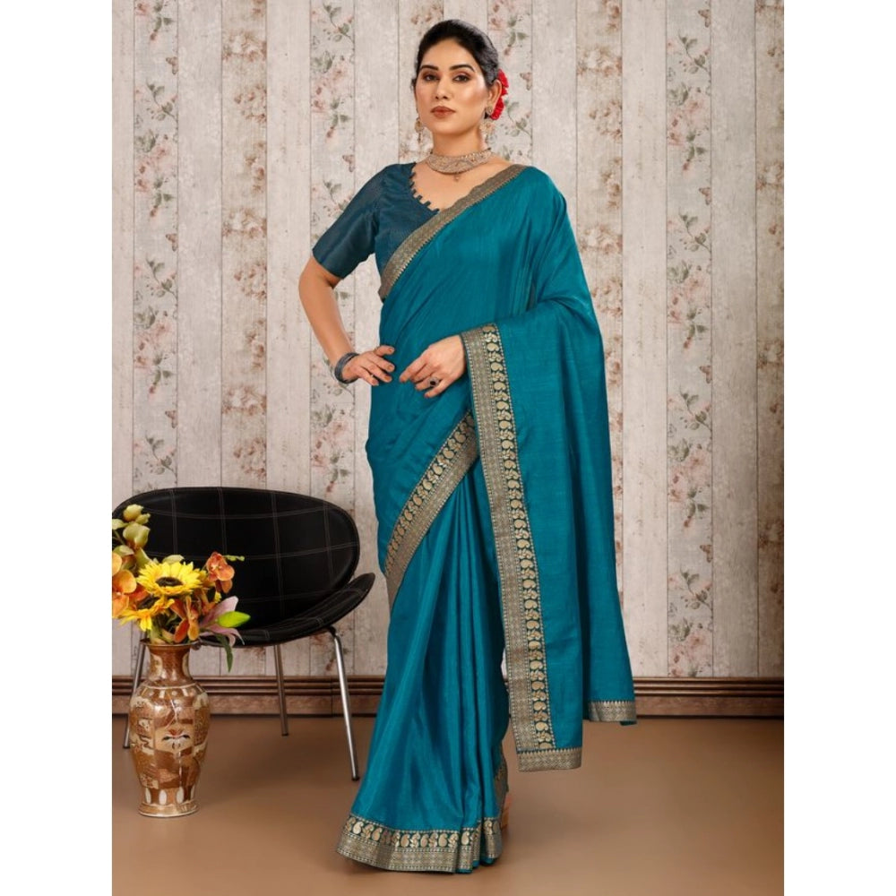 Women's Vichitra Plain Saree With Unstitched Blouse (Blue, 5-6 Mtrs)