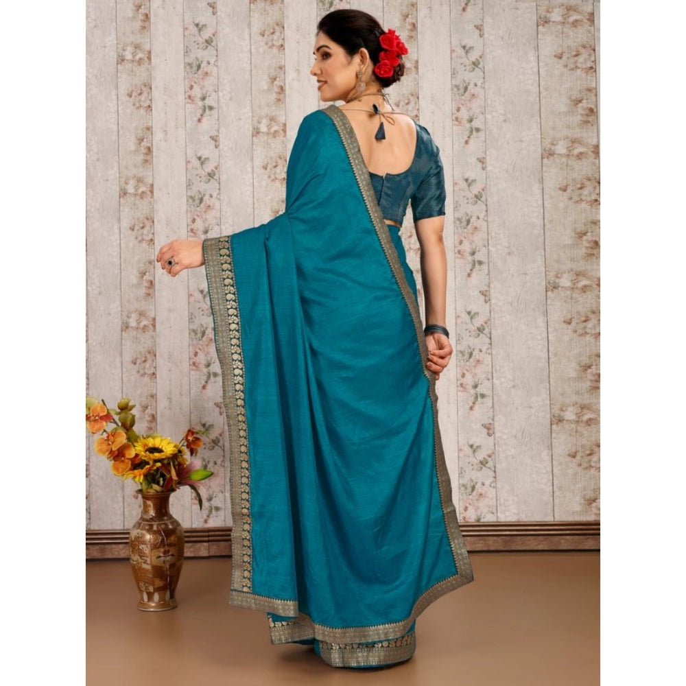 Women's Vichitra Plain Saree With Unstitched Blouse (Blue, 5-6 Mtrs)