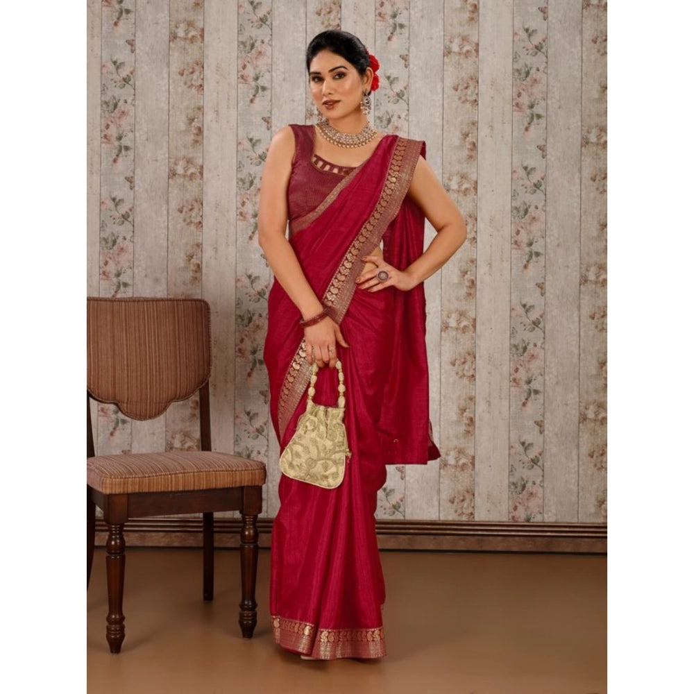 Women's Vichitra Plain Saree With Unstitched Blouse (Maroon, 5-6 Mtrs)