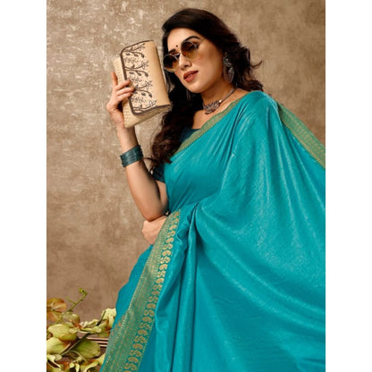 Women's Vichitra Plain Saree With Unstitched Blouse (Teal Blue, 5-6 Mtrs)