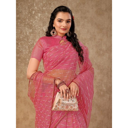 Women's Linen Line Saree With Unstitched Blouse (Pink, 5-6 Mtrs)