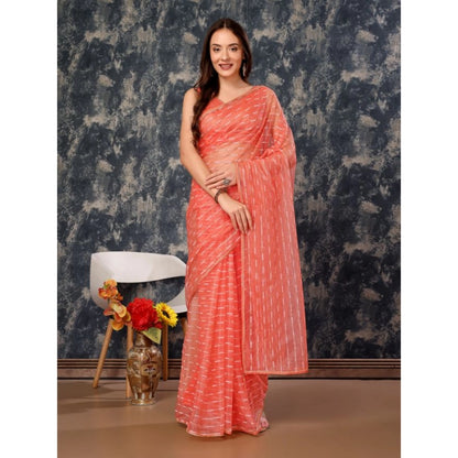 Women's Linen Line Saree With Unstitched Blouse (Orange, 5-6 Mtrs)