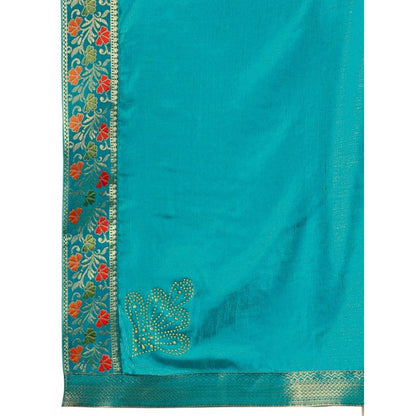 Women's Vichitra Swiroshki Butta Saree With Unstitched Blouse (Turquies Blue, 5-6 Mtrs)