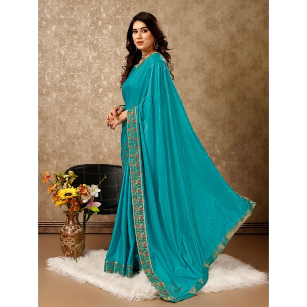 Women's Vichitra Swiroshki Butta Saree With Unstitched Blouse (Turquies Blue, 5-6 Mtrs)