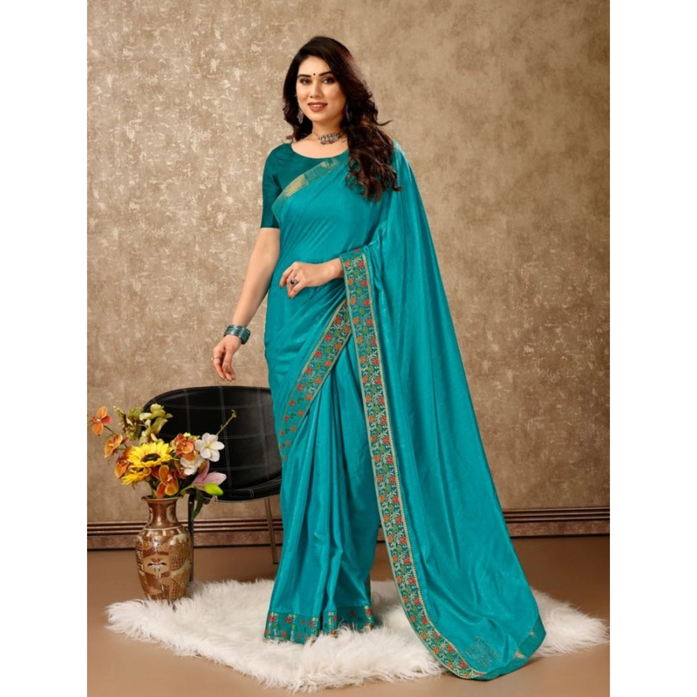 Women's Vichitra Swiroshki Butta Saree With Unstitched Blouse (Turquies Blue, 5-6 Mtrs)