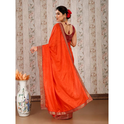 Women's Vichitra Plain Saree With Unstitched Blouse (Orange, 5-6 Mtrs)