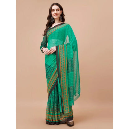 Women's Weightless Floral Printed Saree With Unstitched Blouse (Green, 5-6 Mtrs)