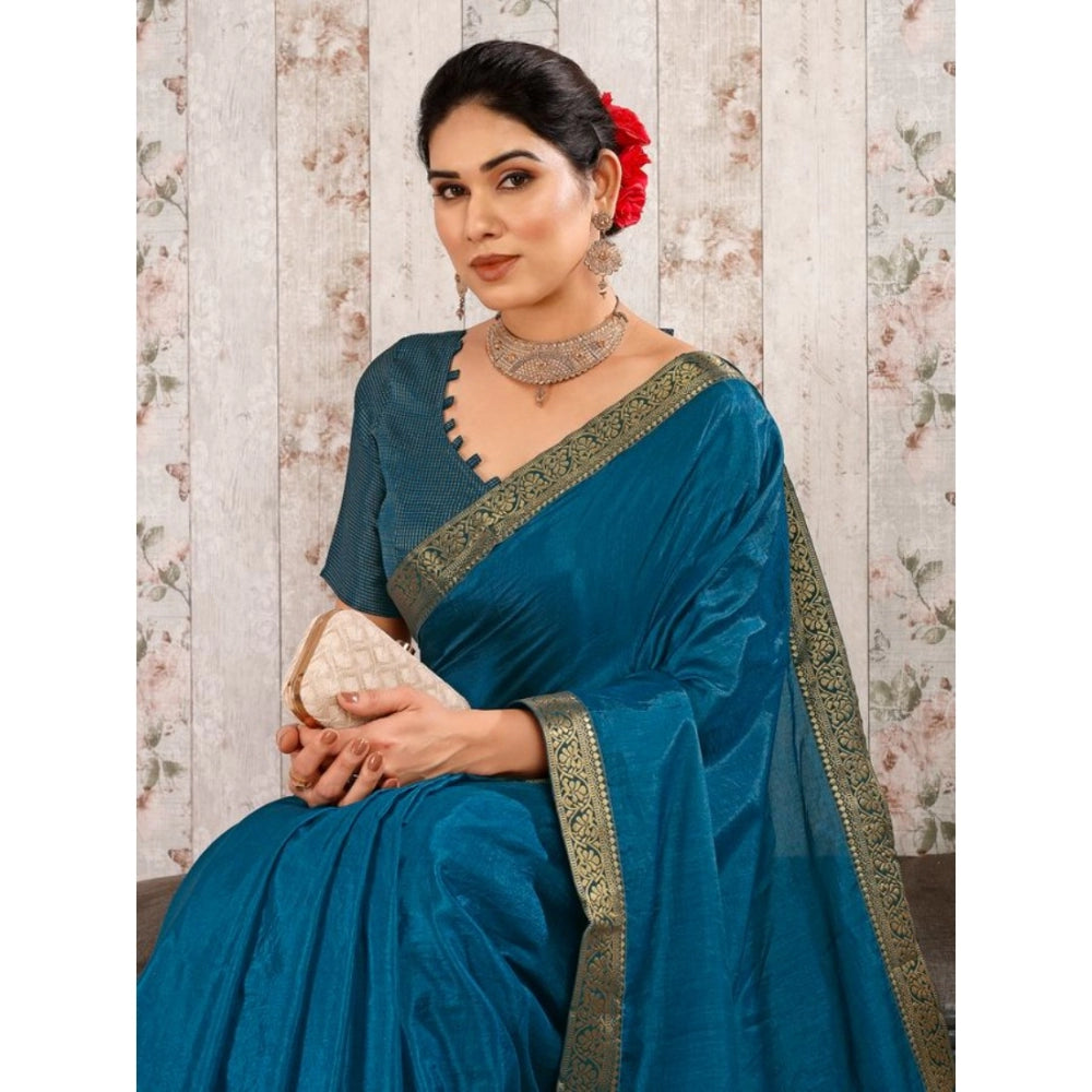 Women's Vichitra Swiroshki Butta Saree With Unstitched Blouse (Blue, 5-6 Mtrs)