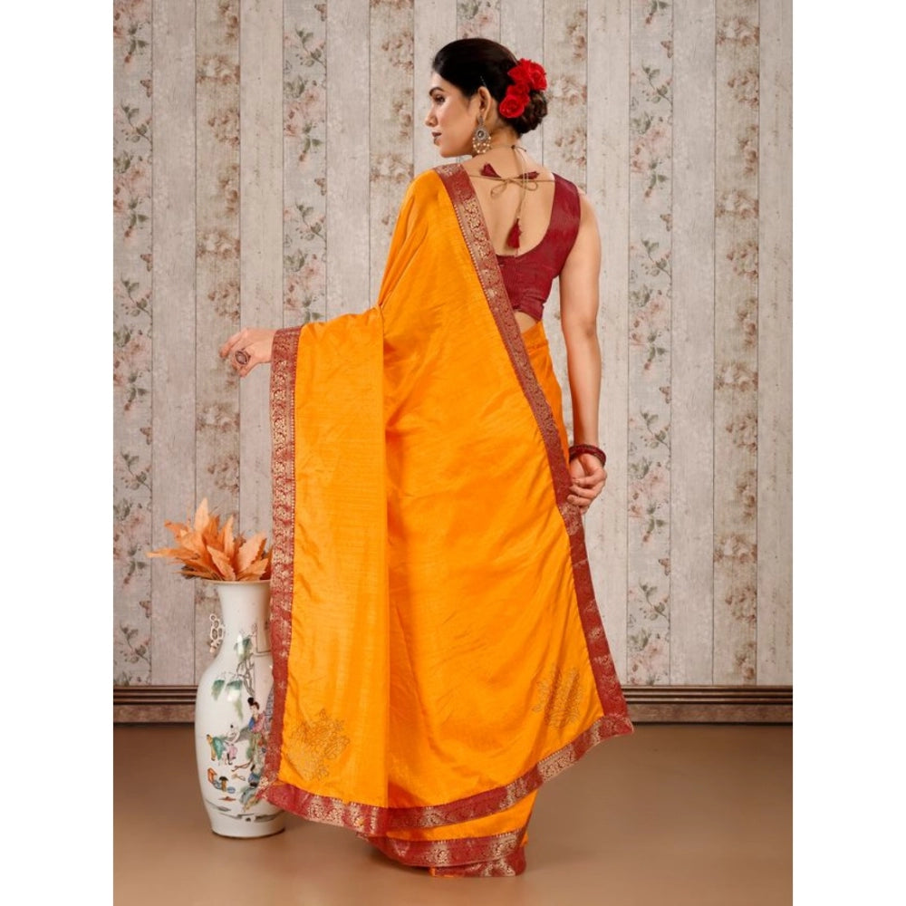 Women's Vichitra Swiroshki Butta Saree With Unstitched Blouse (Yellow, 5-6 Mtrs)