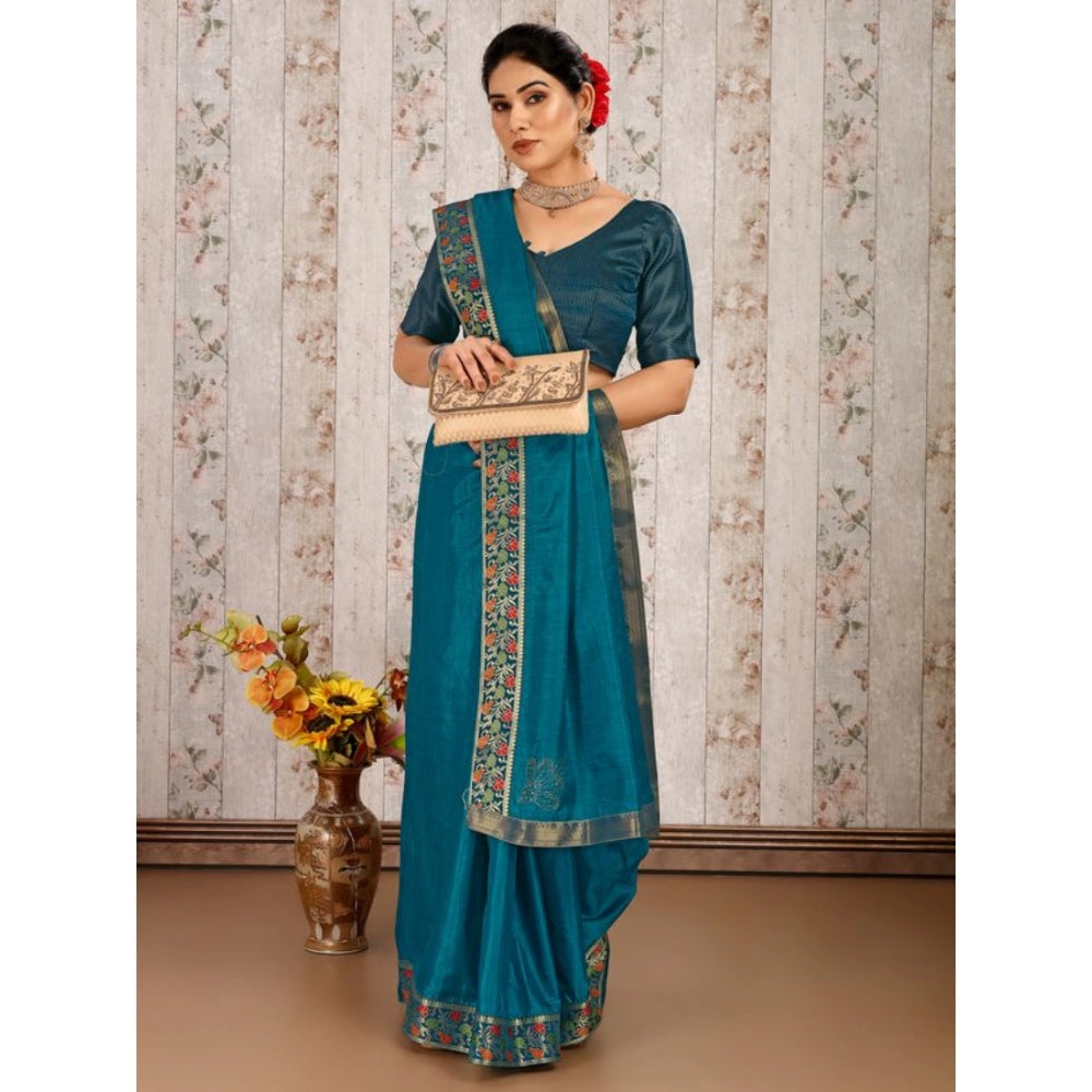 Women's Vichitra Swiroshki Butta Saree With Unstitched Blouse (Teal Blue, 5-6 Mtrs)