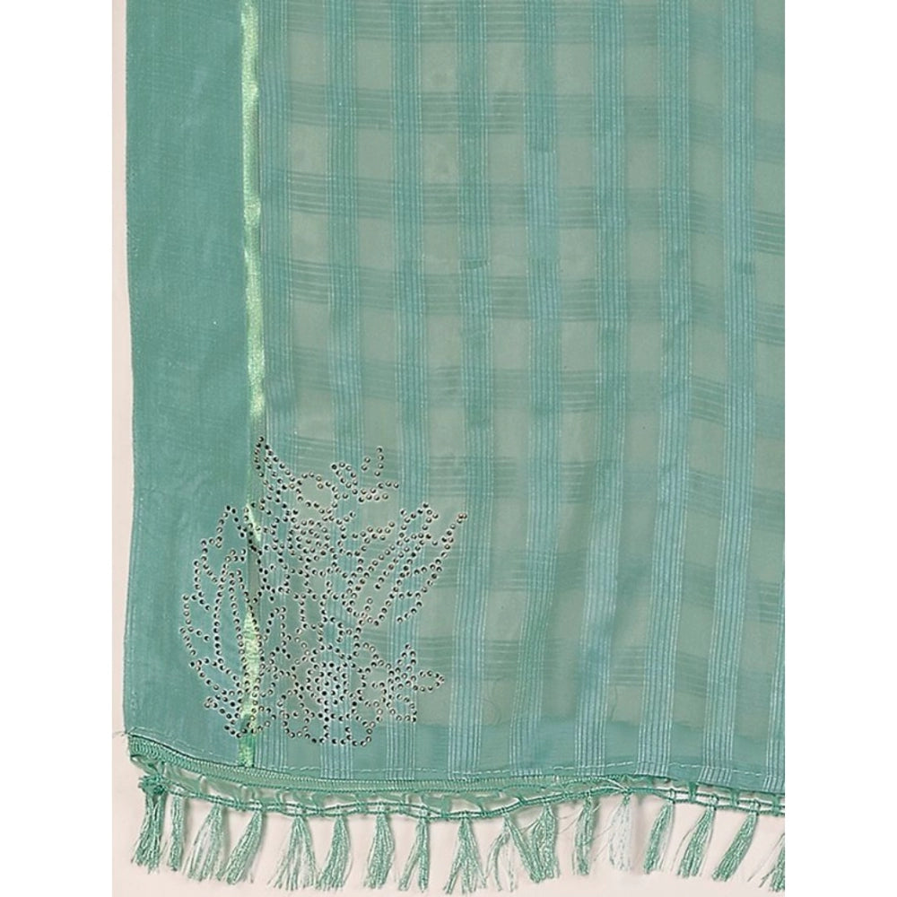 Women's Chiffon Fabric Line Saree With Unstitched Blouse (Turquoise green, 5-6 Mtrs)