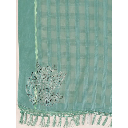 Women's Chiffon Fabric Line Saree With Unstitched Blouse (Turquoise green, 5-6 Mtrs)