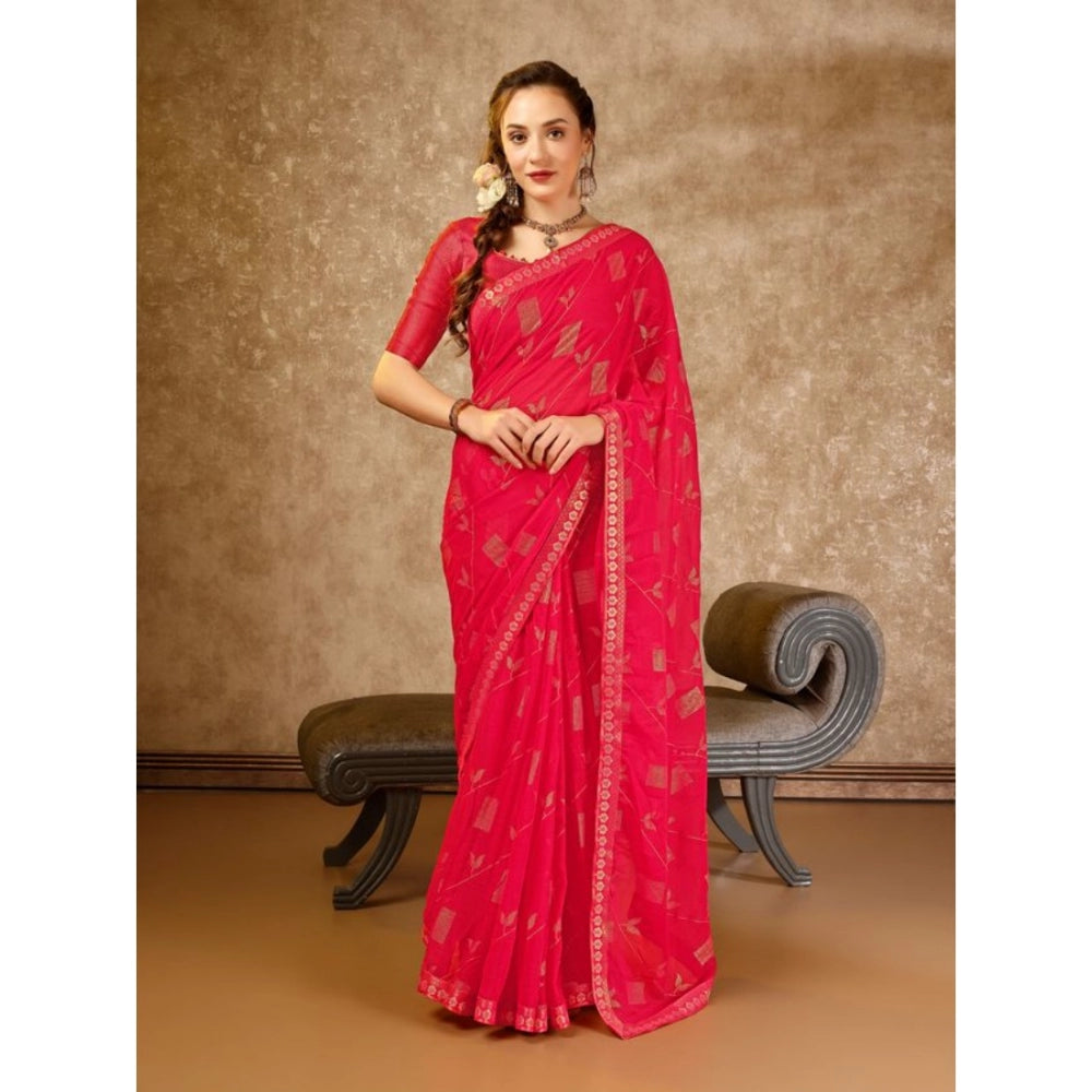 Women's Zomto Patta Chiffon Saree With Unstitched Blouse (Pink, 5-6 Mtrs)