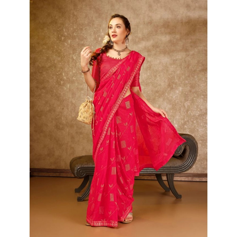 Women's Zomto Patta Chiffon Saree With Unstitched Blouse (Pink, 5-6 Mtrs)