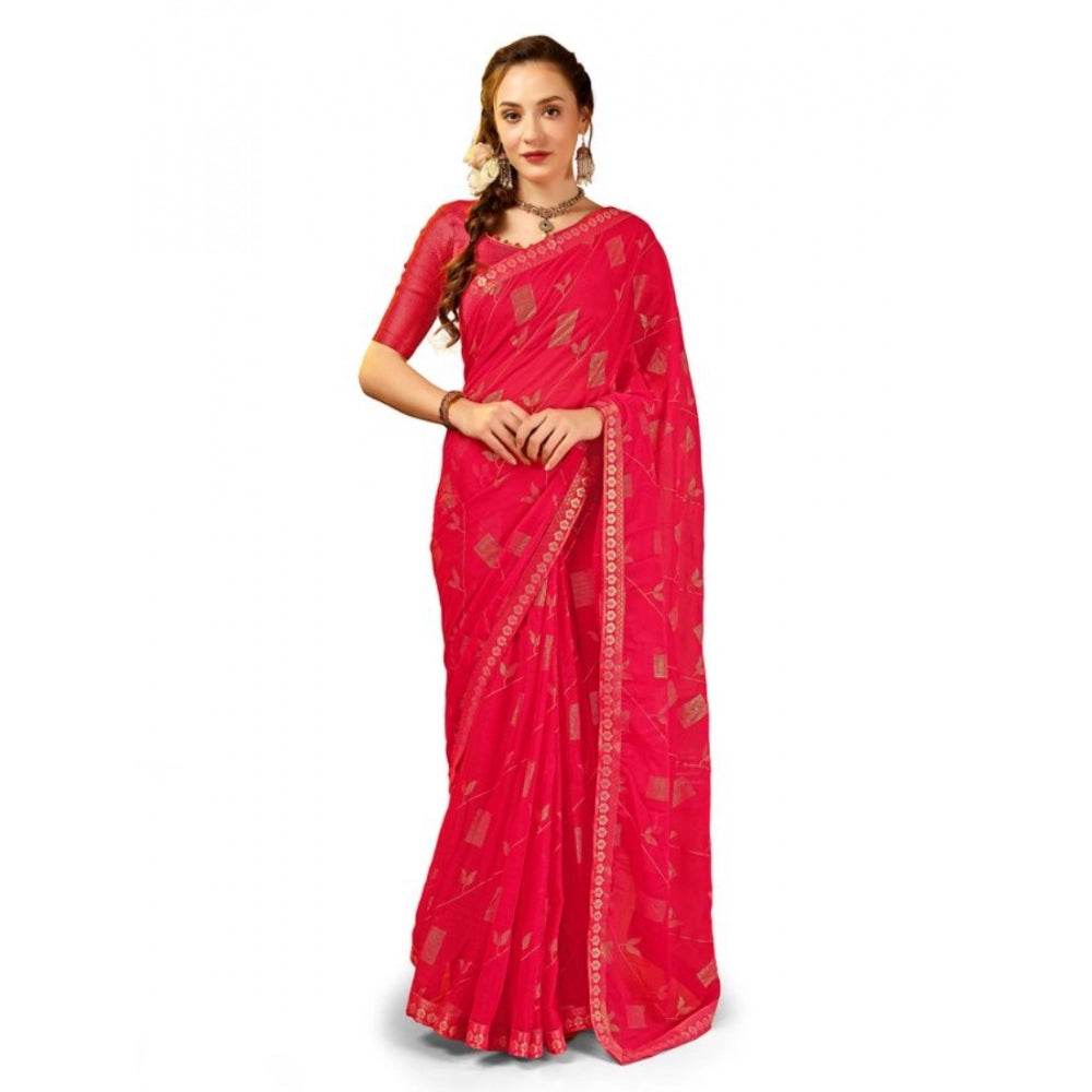 Women's Zomto Patta Chiffon Saree With Unstitched Blouse (Pink, 5-6 Mtrs)