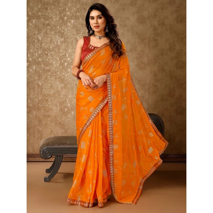 Women's Zomto Patta Chiffon Saree With Unstitched Blouse (Yellow, 5-6 Mtrs)