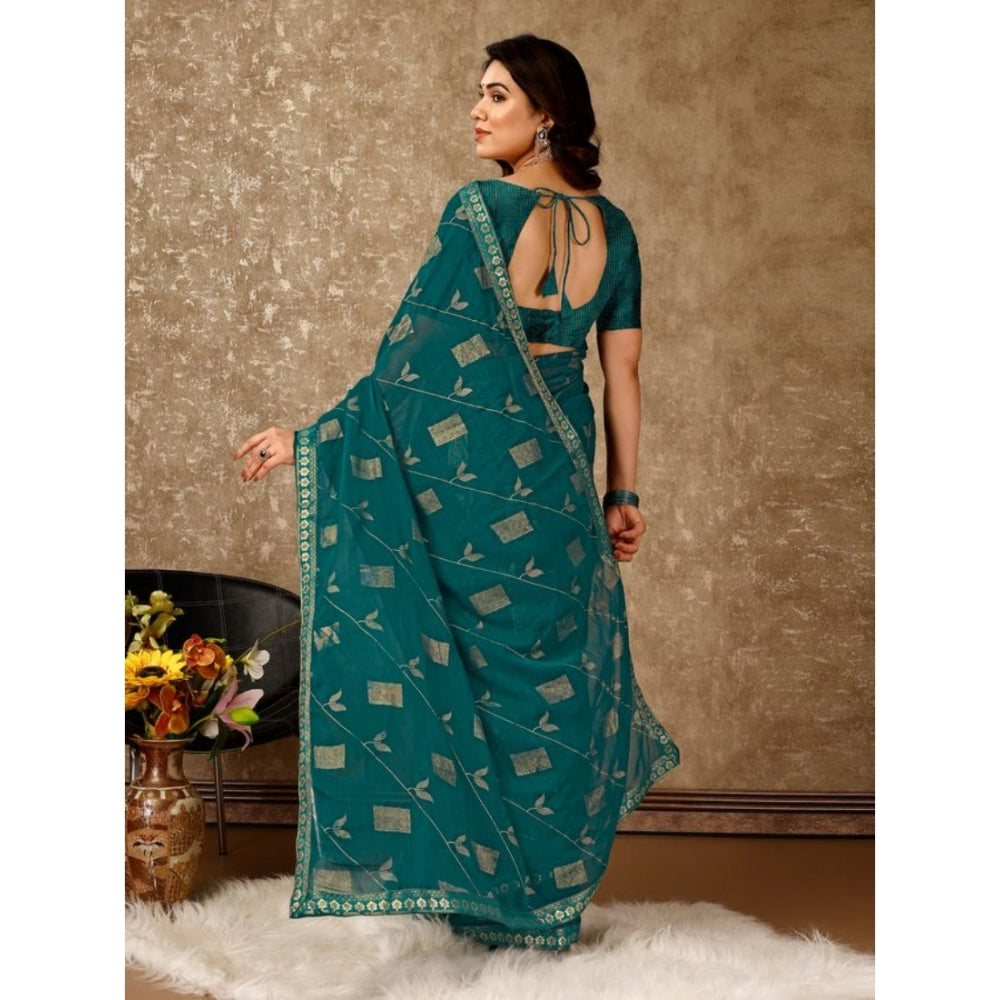 Women's Zomto Patta Chiffon Saree With Unstitched Blouse (Teal Blue, 5-6 Mtrs)