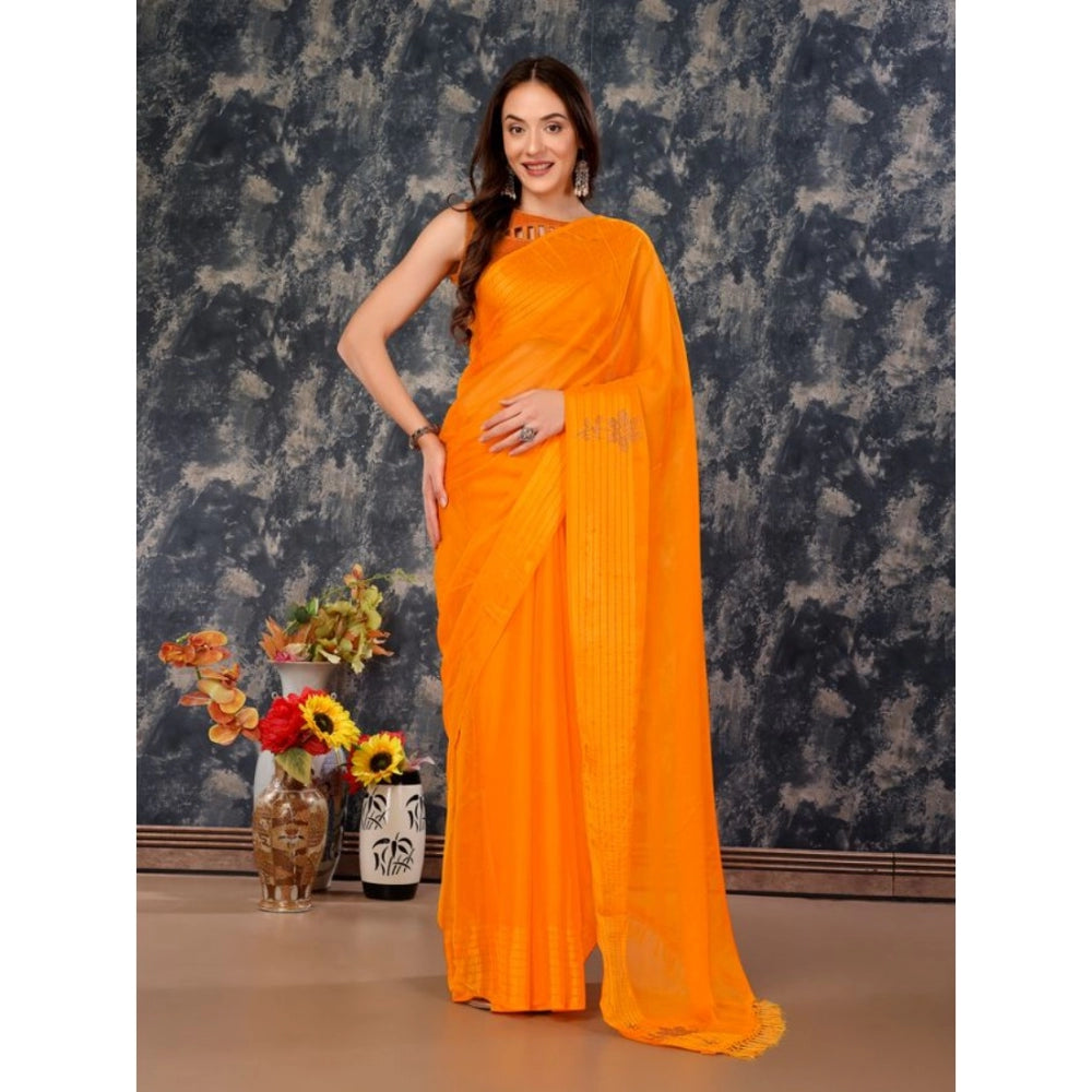 Women's Chiffon Fabric Plain Saree With Unstitched Blouse (Yellow, 5-6 Mtrs)