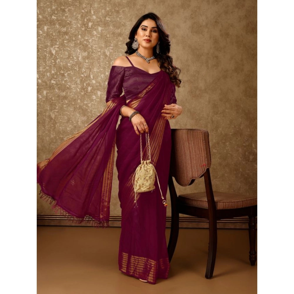 Women's Chiffon Fabric Plain Saree With Unstitched Blouse (Wine, 5-6 Mtrs)