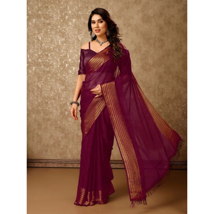 Women's Chiffon Fabric Plain Saree With Unstitched Blouse (Wine, 5-6 Mtrs)