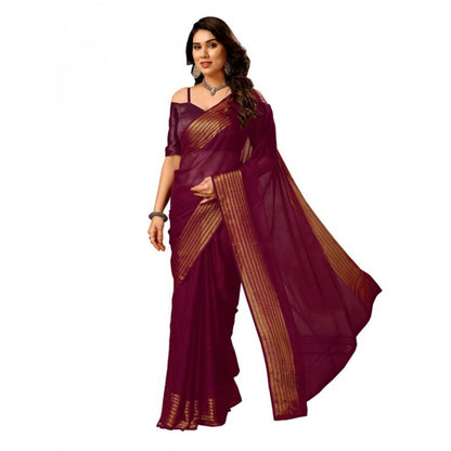 Women's Chiffon Fabric Plain Saree With Unstitched Blouse (Wine, 5-6 Mtrs)