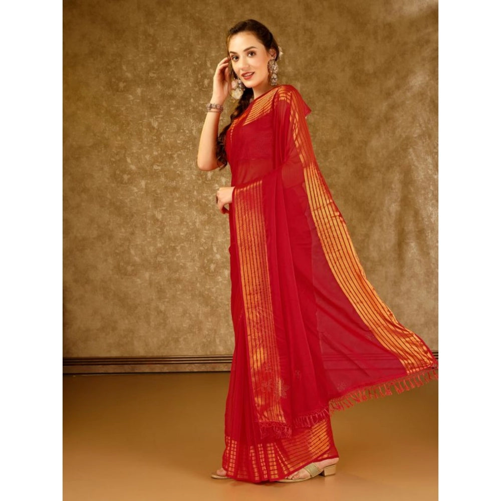 Women's Chiffon Fabric Plain Saree With Unstitched Blouse (Red, 5-6 Mtrs)