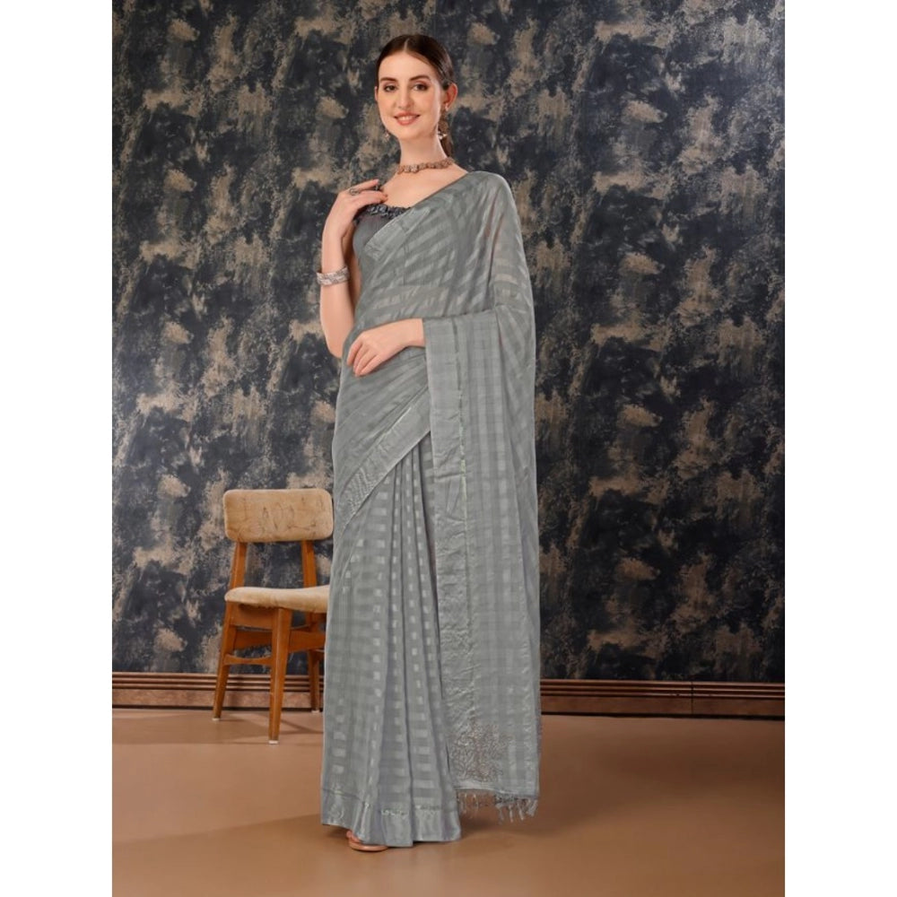 Women's Chiffon Fabric Line Saree With Unstitched Blouse (Grey, 5-6 Mtrs)