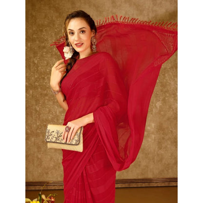 Women's Chiffon Fabric Line Saree With Unstitched Blouse (Red, 5-6 Mtrs)