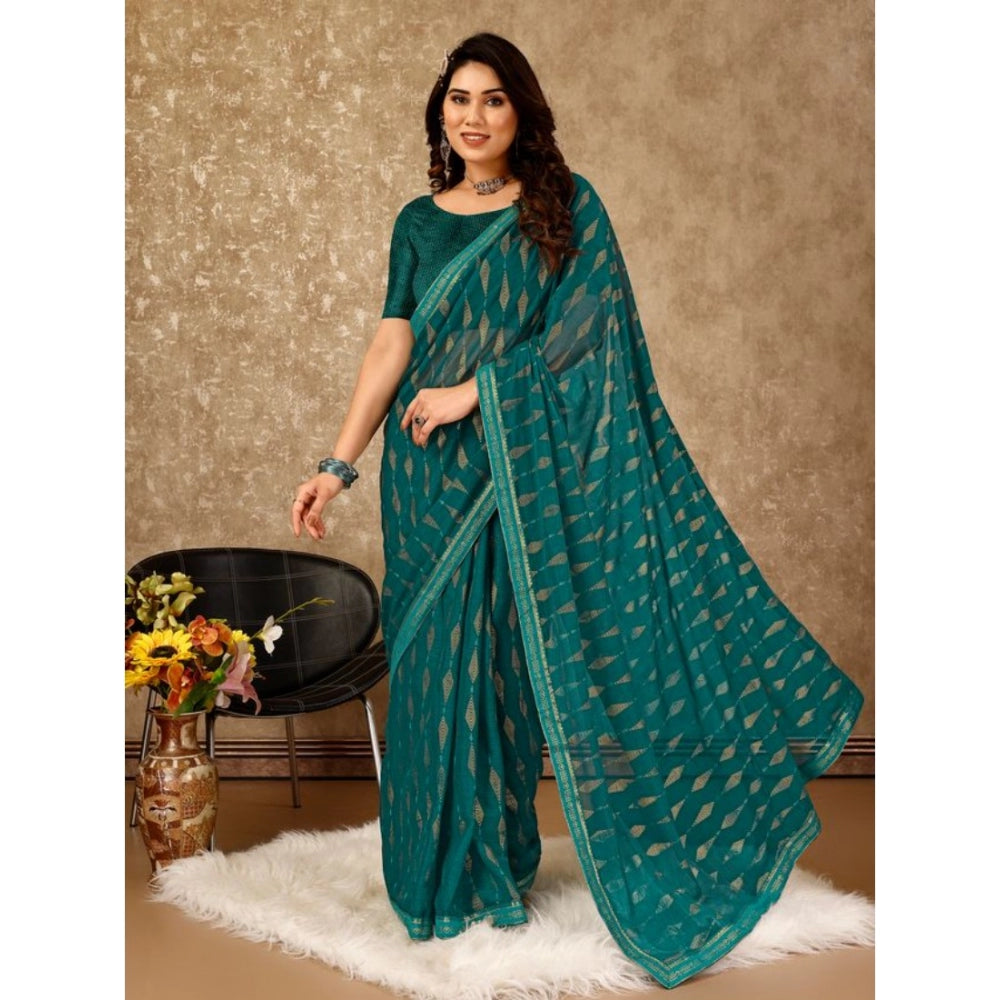 Women's Zomto Laheriya Saree With Unstitched Blouse (Teal Blue, 5-6 Mtrs)