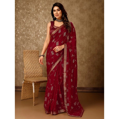 Women's Zomto Patta Chiffon Saree With Unstitched Blouse (Maroon, 5-6 Mtrs)