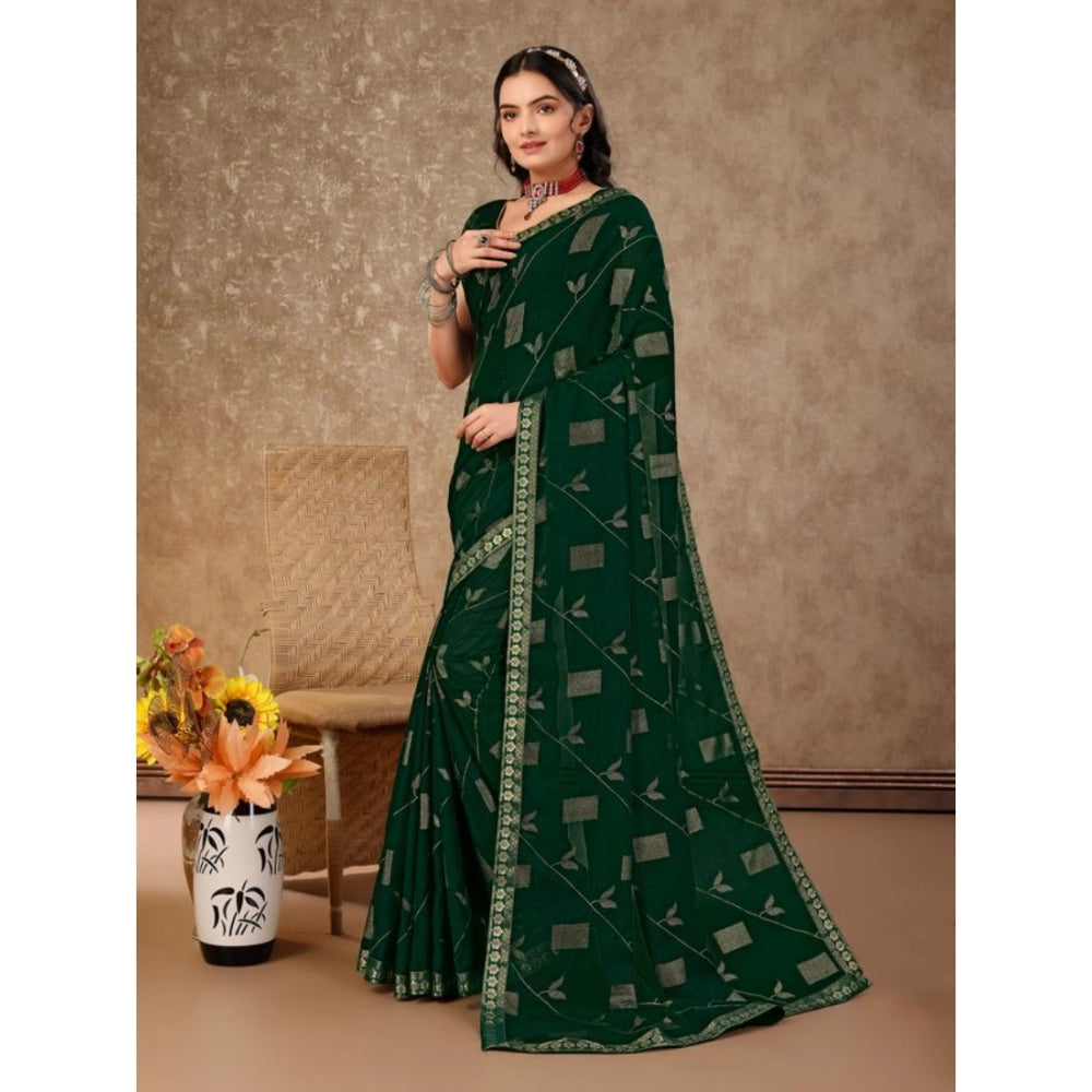 Women's Zomto Patta Chiffon Saree With Unstitched Blouse (Green, 5-6 Mtrs)