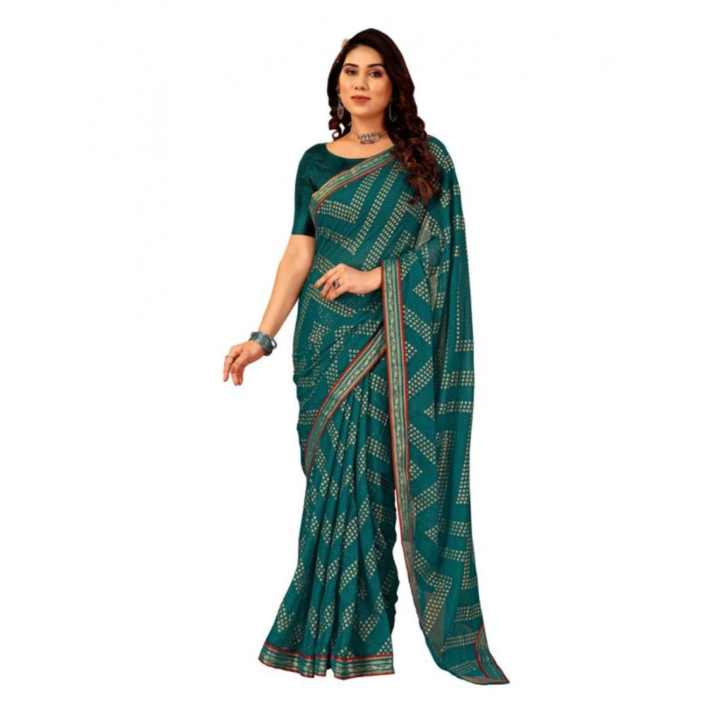 Women's Zomto Zig Zag Saree With Unstitched Blouse (Teal Blue, 5-6 Mtrs)