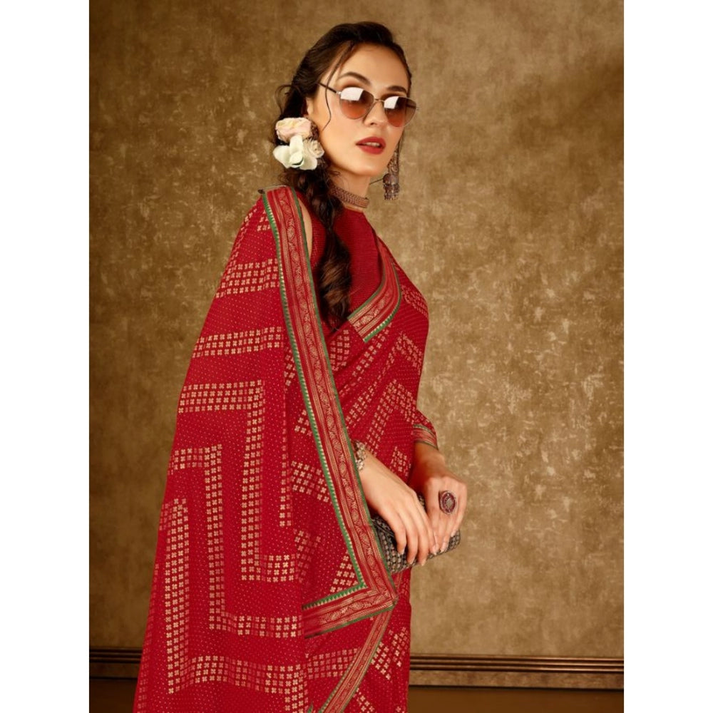 Women's Zomto Zig Zag Saree With Unstitched Blouse (Red, 5-6 Mtrs)