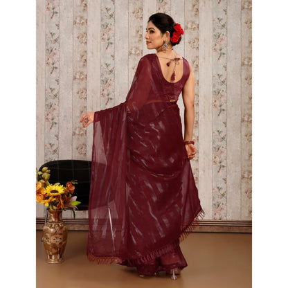 Women's Chiffon Fabric Line Saree With Unstitched Blouse (Maroon, 5-6 Mtrs)