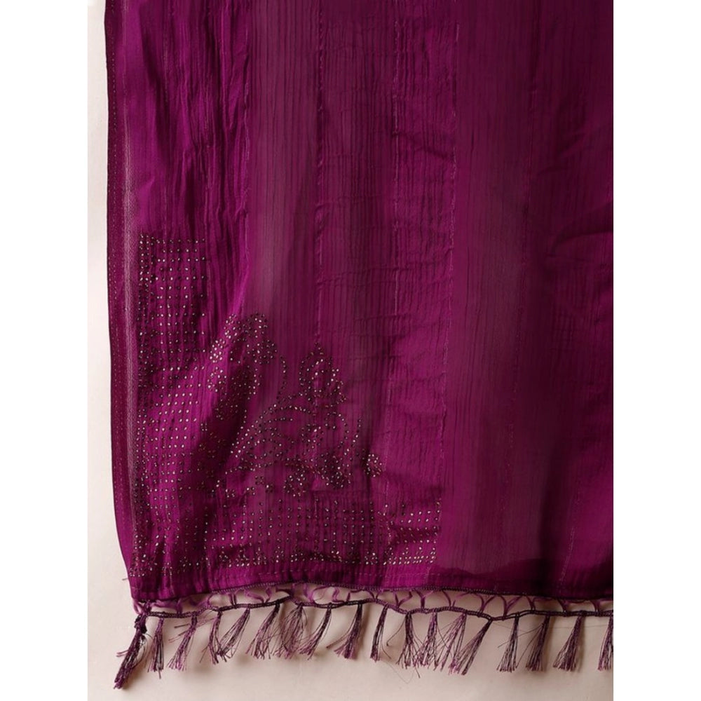 Women's Chiffon Fabric Line Saree With Unstitched Blouse (Wine, 5-6 Mtrs)