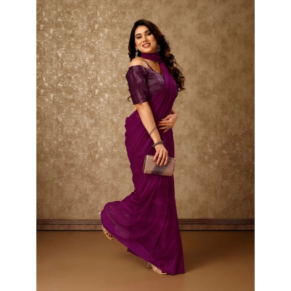 Women's Chiffon Fabric Line Saree With Unstitched Blouse (Wine, 5-6 Mtrs)