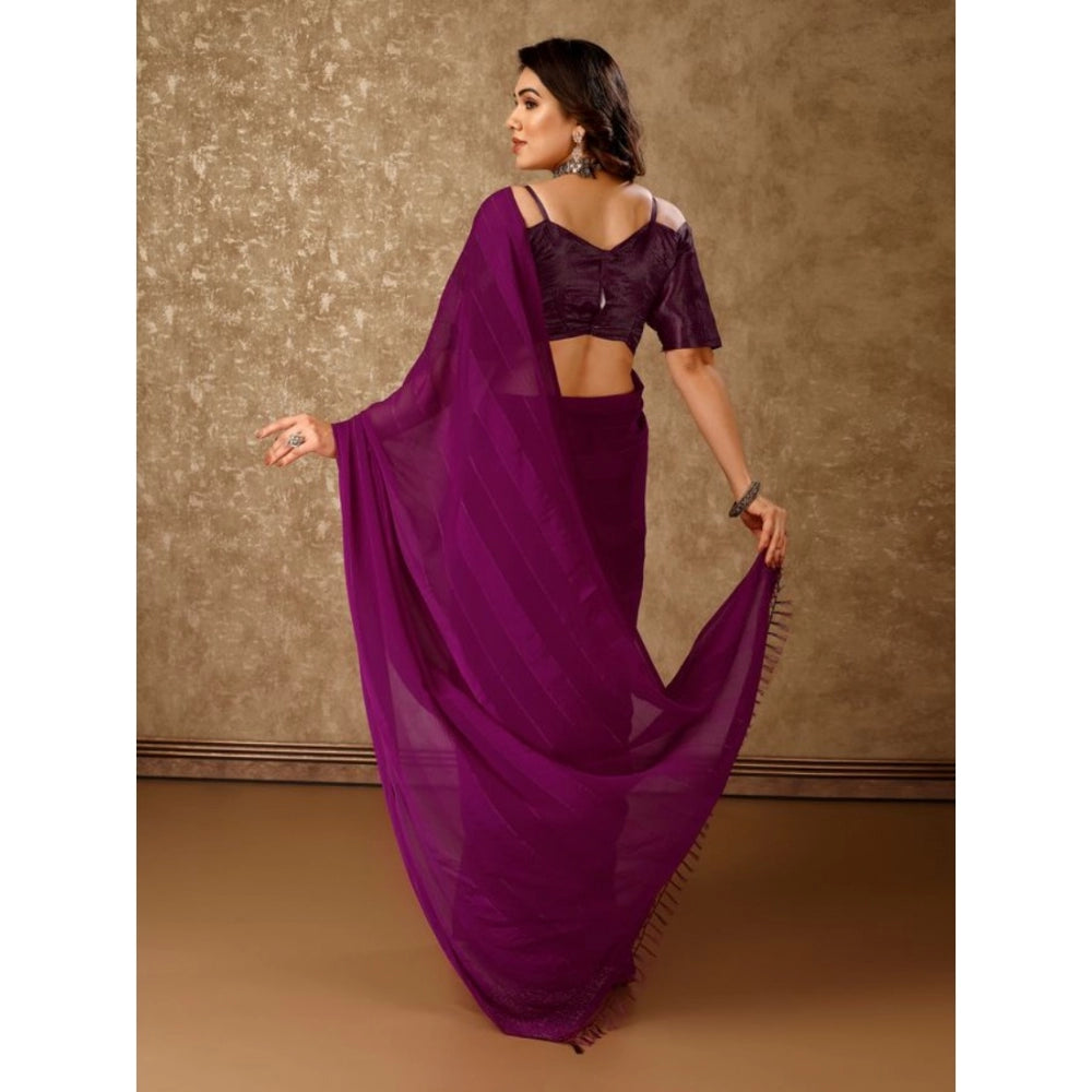 Women's Chiffon Fabric Line Saree With Unstitched Blouse (Wine, 5-6 Mtrs)