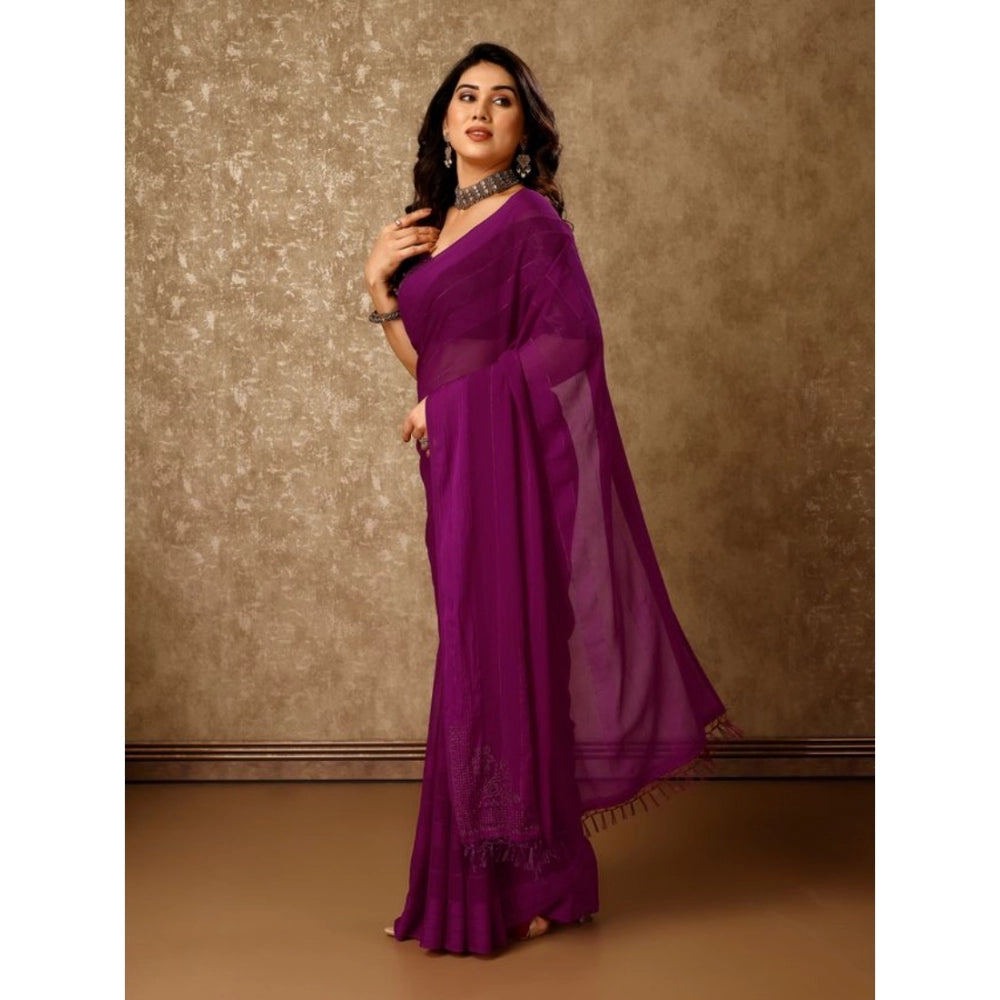 Women's Chiffon Fabric Line Saree With Unstitched Blouse (Wine, 5-6 Mtrs)