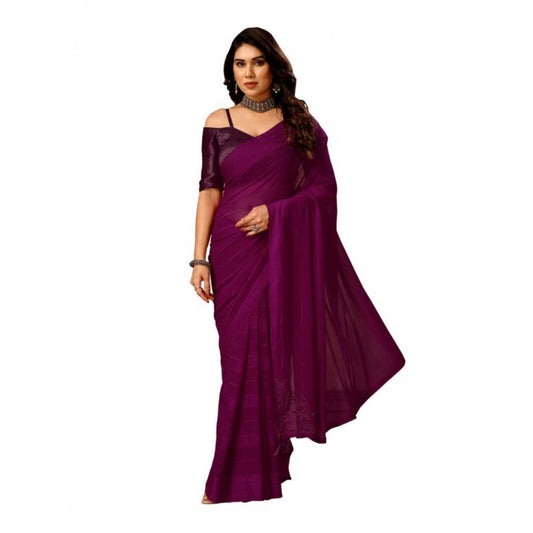 Women's Chiffon Fabric Line Saree With Unstitched Blouse (Wine, 5-6 Mtrs)