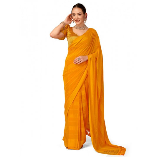 Women's Chiffon Fabric Line Saree With Unstitched Blouse (Yellow, 5-6 Mtrs)