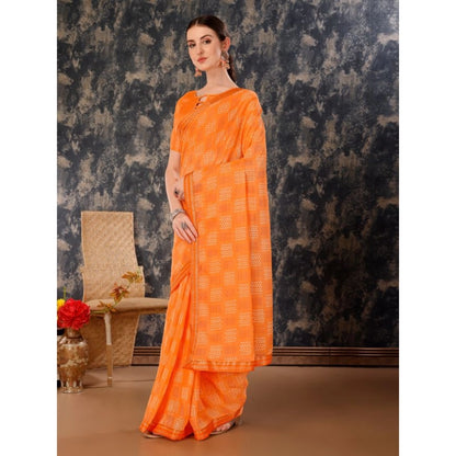 Women's Zomto Checked Saree With Unstitched Blouse (Orange, 5-6 Mtrs)