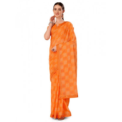 Women's Zomto Checked Saree With Unstitched Blouse (Orange, 5-6 Mtrs)