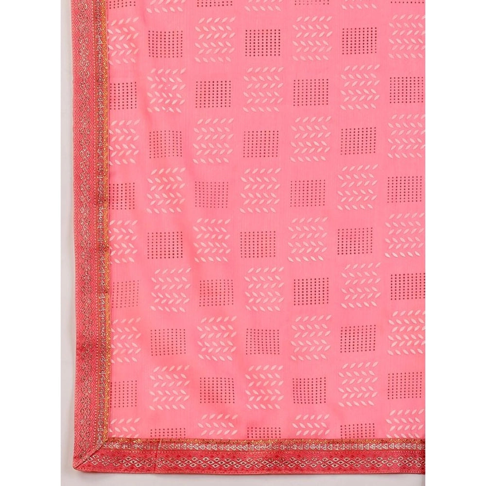 Women's Zomto Checked Saree With Unstitched Blouse (Pink, 5-6 Mtrs)