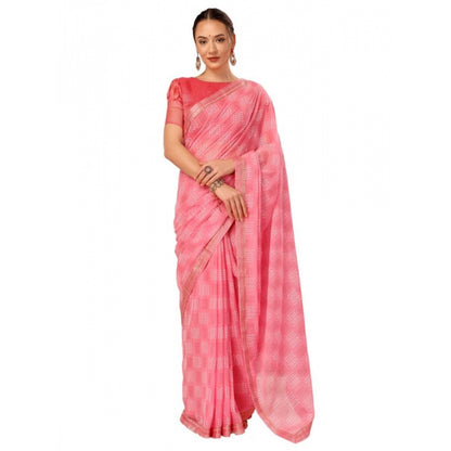 Women's Zomto Checked Saree With Unstitched Blouse (Pink, 5-6 Mtrs)