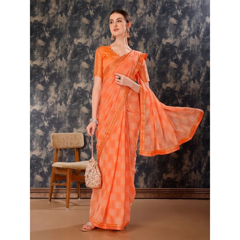 Women's Zomto Checked Saree With Unstitched Blouse (Peach, 5-6 Mtrs)