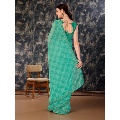 Women's Zomto Checked Saree With Unstitched Blouse (Rama Green, 5-6 Mtrs)